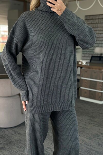 Laluvia Anthracite High Neck Ribbed Knitwear Set - 4671