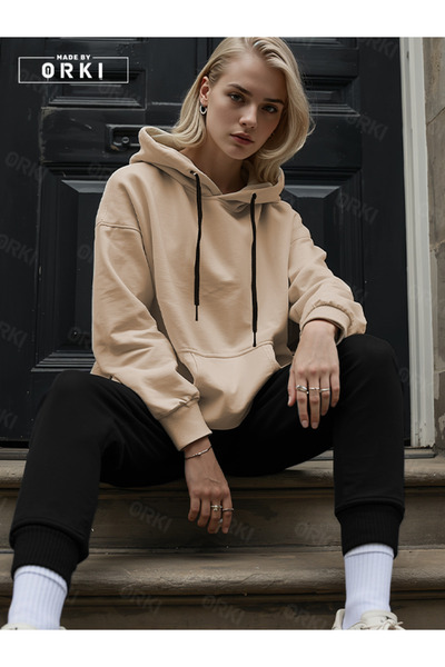 EFFRENATU Women's Beige Oversize Hooded Sweat & Jogger Tracksuit Set