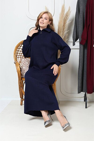 MY QILAM Kadın Triko Uzun Elbise Boğazi Fermuarli Balon Kol Tesettür Elbise Standart Beden (36/44 Arasi)