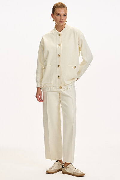 Exquise Bisiket Yaka Cepli Gold Düğmeli Oversize Tirko Hırka