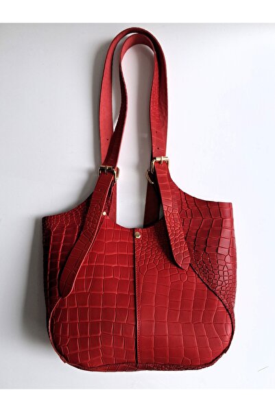 aysefe Red Genuine Leather Handmade Women's Shoulder Bag with Organizer