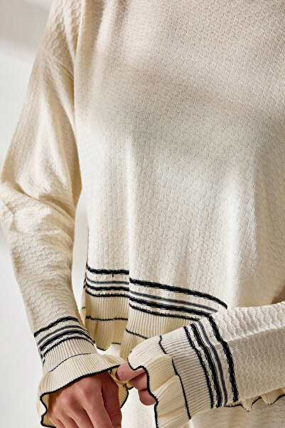 H&E LUXURY DESIGN Women's “Cream Ruffle and Stripe Detailed Stylish Knitwear Two-Piece Set”