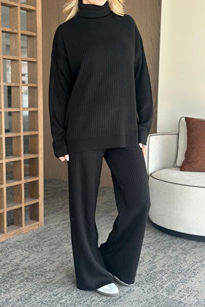 Laluvia Black High Neck Ribbed Knitwear Set - 4671