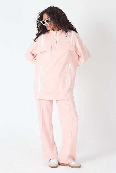 Basicpark Powder Women's Skirt with Slit, Zipper Closure, Pocket Detail Sweatshirt and Wide-Leg Ribbed Pants Pam