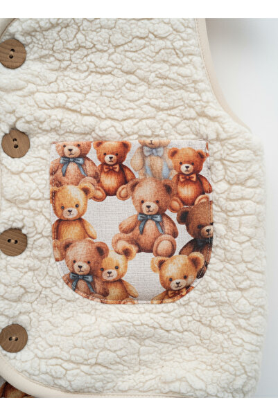 Magu Unisex Children's Cream Plush Teddy Patterned Buttoned Vest with Pockets