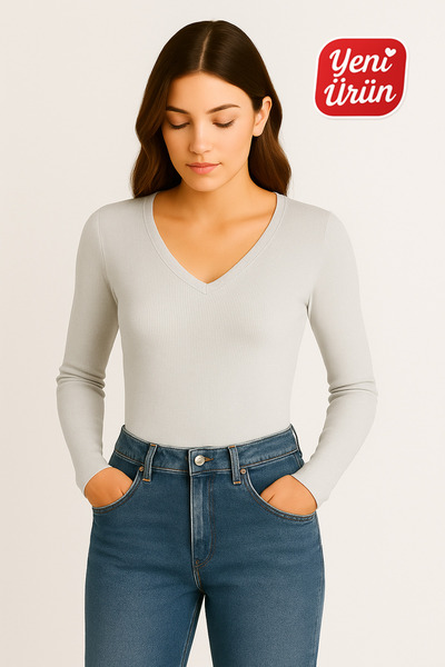 MİO ESTİLO Novelle V-Neck Long Sleeve Ribbed Blouse