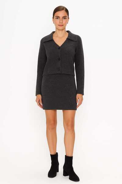 Maison La Femme Women's knit set - button-up jacket with wide polo collar detail & matching knit skirt/top set