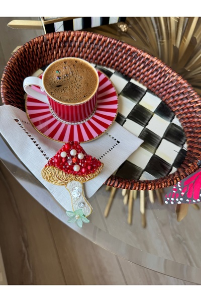 Hatice sakallı design Mushroom Embroidered Autumn Themed Coffee Presentation Napkin 1 Piece