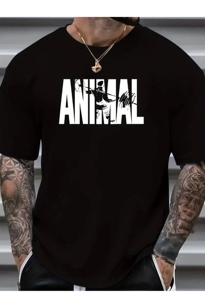 Generic Brand Men's Animal Printed T-Shirt Crew Neck Summer T-Shirt - Black