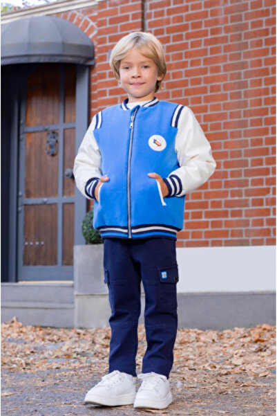 Miny Center Boy's Embroidered Sleeves Faux Leather Patch College Jacket