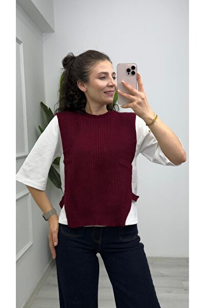 TUNAM BUTİK 1334 Knitwear Sweater Detailed Double T-Shirt Set Burgundy