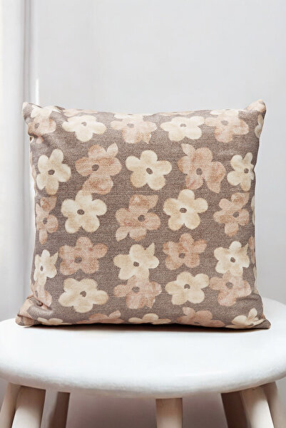 ASDİVA Set of 2 Solvion Decorative Throw Pillow Covers - Beige Daisy Pattern and Velvety Plain Beige 43X43 cm