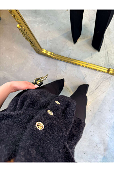 missswans Anna Gold Buttoned Waist Detailed Angora Vest Black