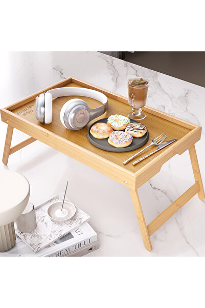 Elindor ® Masă pliabilă bej din bambus, pentru micul dejun în pat, portabilă
