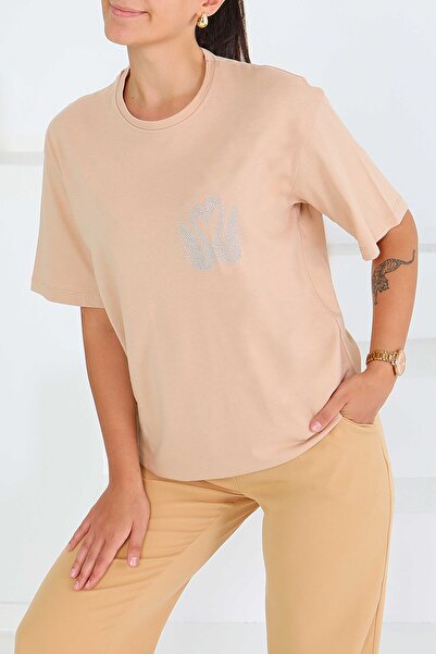 TOFİSA Μπλουζάκι με στάμπα και κοντά μανίκια, μπεζ - 27570