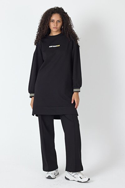 Basicpark Black Women's Ribbed Wide-Leg Pants with Slit Hem and Print Detail Sweatshirt Bottom-Top Set