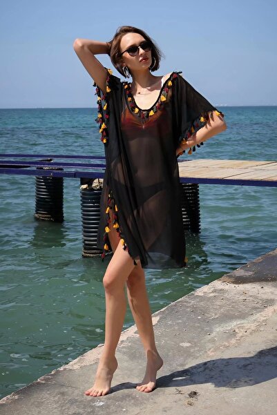 Nemere Women's Embroidered Tunic Pareo Beach Dress Black