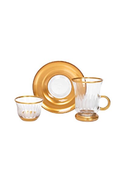 ORIAN طقم شاي وقهوة زجاجي مكون من 18 قطعة، لون ذهبي دوار الشمس