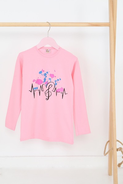TOFİSA Girl's Pink Long Sleeve Printed Combed Cotton Badi - 27695