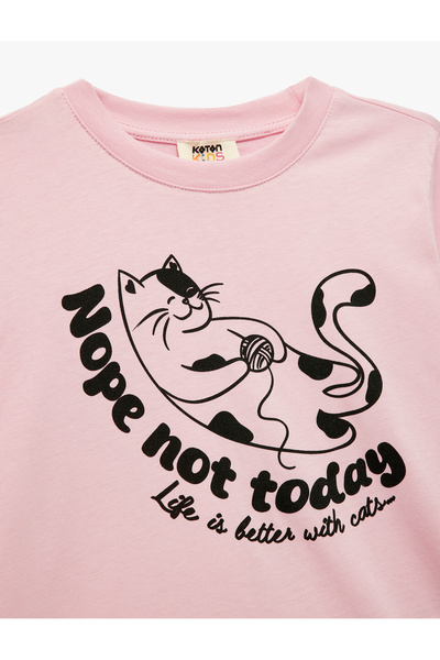 Koton Μακρυμάνικο μπλουζάκι από βαμβακερό λαιμόκοψη με στάμπα γάτας