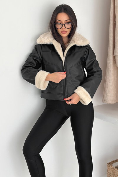 Noa Noa Women's Collared Full Leather Plush Jacket – Lined & Cold Weather Friendly