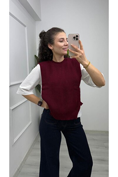 TUNAM BUTİK 1334 Knitwear Sweater Detailed Double T-Shirt Set Burgundy