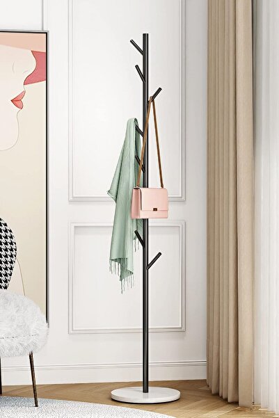 TOLIAHOME Metal İskeletli Ayaklı Askılık Elbise Askısı Portmanto (Beyaz-Siyah)