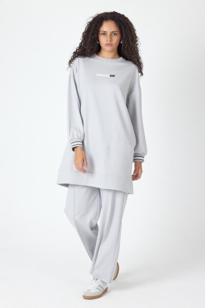 Basicpark Gray Women's Ribbed Wide-Leg Pants with Slit Hem and Print Detail Sweatshirt Bottom-Top Set