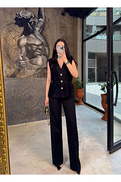 missswans Anna Gold Buttoned Waist Detailed Angora Vest Black