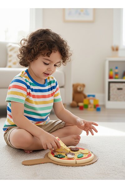 ETERNAL SUNSHINE Montessori Tarzı Ahşap Pizza Seti Oyuncağı - Doğal Malzeme, 8 Parça