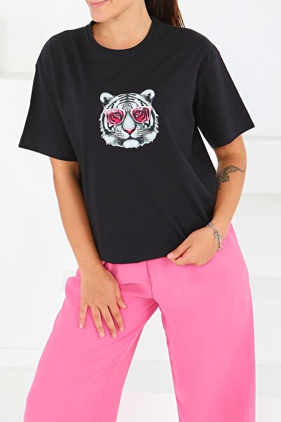 TOFİSA Μπλουζάκι με στάμπα και κοντά μανίκια, μαύρο - 27571