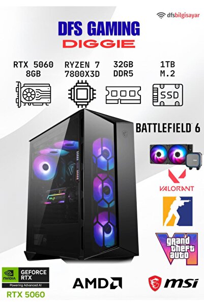 MSI DFS GAMING DIGGIE RYZEN 7 7800X3D-B650M-RTX 5060-32GB DDR5 RAM-1TB M.2 SSD-OYUNCU BİLGİSAYARI