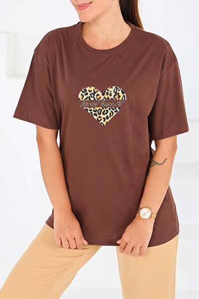TOFİSA Μπλουζάκι με στάμπα και κοντό μανίκι καφέ - 27546