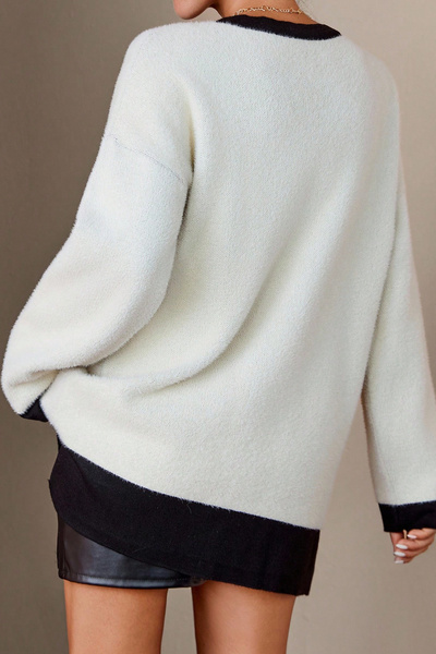 H&E LUXURY DESIGN Pulover lung de tricotat pentru femei, cu model floral alb și negru, cu textura moale și păroasă