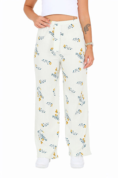 TOFİSA Patterned Elastic Waist Wrinkled Trousers Ecru - 27684