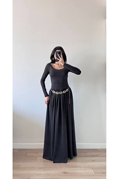 LOCH BUTİK Γυναικείο μαύρο φόρεμα μάξι με κορδόνι στη μέση και φιόγκο στην πλάτη