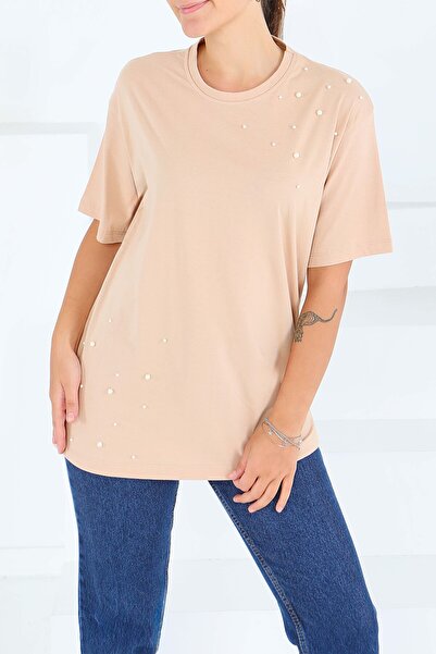 TOFİSA Μπλουζάκι με κοντά μανίκια και πέρλες, μπεζ - 27543