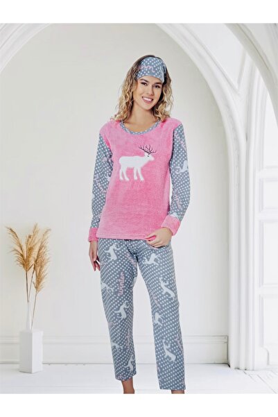 Kadın Pembe Geyik Desenli Polar Pijama Takımı