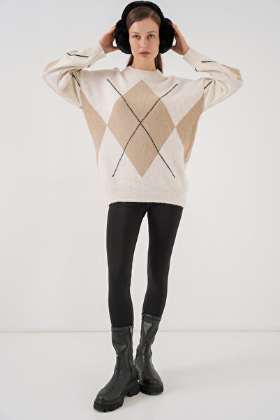 Bigdart 15895 Оверсайз плетен кардиган с баклава мотив - крем