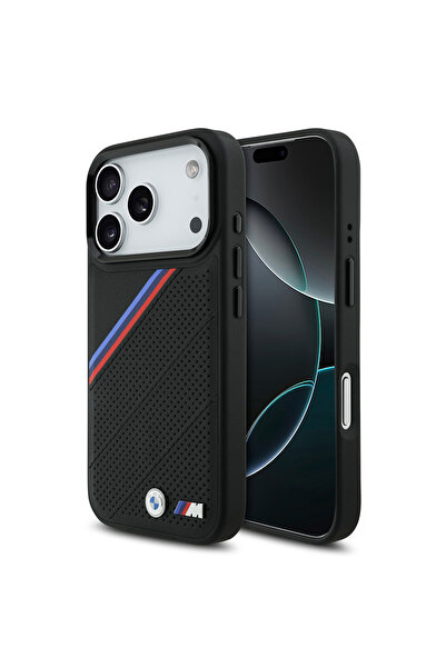 BMW iPhone 17 Pro Kılıf Lisanslı M-safe Şarj Özellikli M Logolu Üç Şeritli Delikli Deri Kapak Siyah