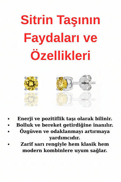 bymissmücevherat 925 Ayar Gümüş 4 mm Tektaş Sitrin Taşlı Küpe |