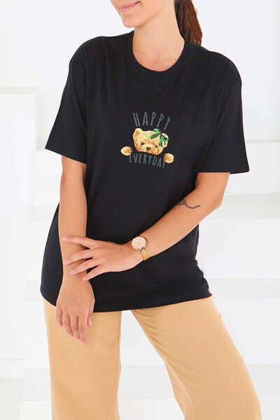 TOFİSA Μπλουζάκι με στάμπα και κοντά μανίκια, μαύρο - 27568