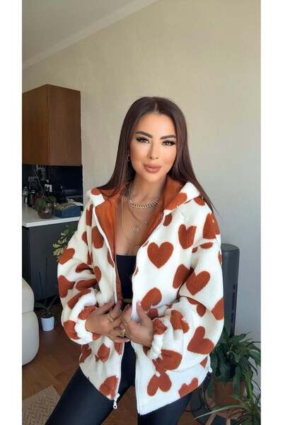 Great Fast Kadın Muse Kalp Desenli Kiremit Peluş Mont Standart Beden