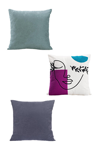 ASDİVA 3-Piece Panoroma Decorative Throw Pillow Cover – Bohemian Abstract Face Punch + Lilac + Turquoise 45X45Cm
