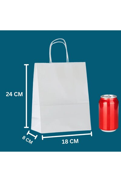 roco paper Büküm Saplı Kağıt Poşet Çanta 8x18x24 cm – Hediye ve Alışveriş Çantası, 25 Adet, Beyaz Renk