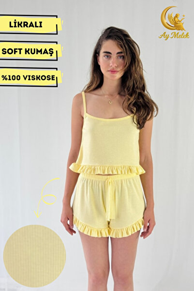 AYMELEK Women's Crop Strap Ruffle Detailed 100% Cotton Mini Shorts Pajama Set Dowry