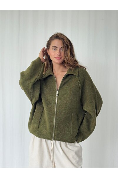 Retrobird Front Zippered Polo Collar Jacket Cardigan Women's Khaki
