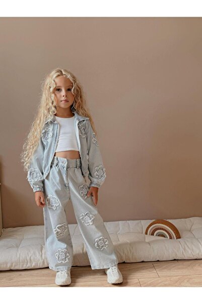RAPAPA Kız Çocuk Çiçek Desenli Kot Ceket ve Pantolon Takımı – 2’li Denim Set 6002