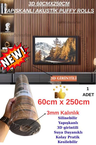 Renkli Duvarlar Yapışkanlı Akustik Panel Kahverengi 3D 60cmx250cm SXP Lambiri...