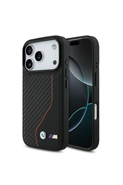 BMW iPhone 17 Pro Kılıf Lisanslı M-safe Şarj Özellikli Metal ve M Logolu PU Karbon Kırmızı Uyumlu